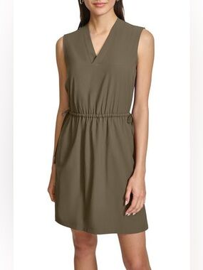 Calvin Klein Sleeveless Drawstring Waist Dress Size 10 Olive Green Career Casual